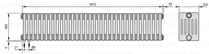 Схема (чертеж) Радиатор Zehnder Charleston 6030/32 №3370 Белый глянцевый RAL 9016